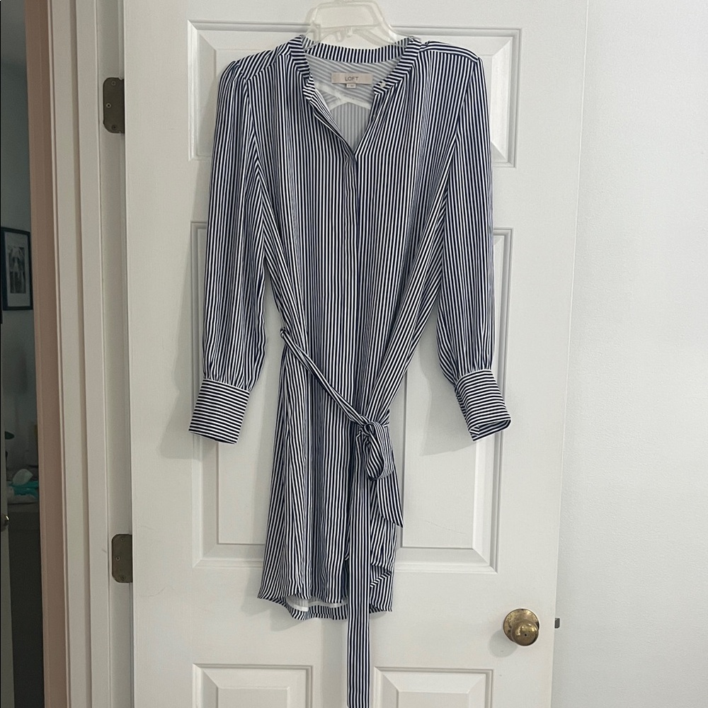 LOFT Navy and White Striped Long Sleeve Dress